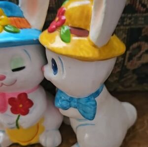 '70s Chalkware Mr & Mrs Bunny Rabbit Figurines Easter Decor Vintage Rare Japan